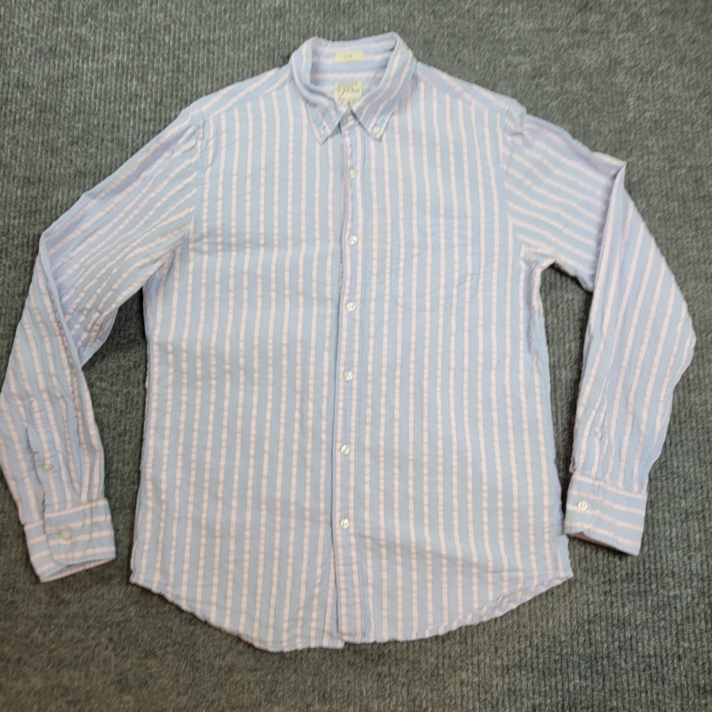 J.Crew Button Down Shirt Mens Blue Pink Striped Seersucker Slim Organic Cotton M